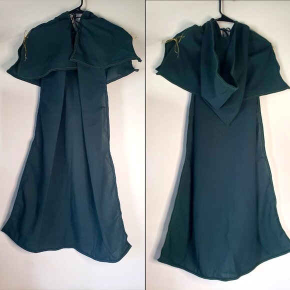 Large Linen Like Dark Green Hooded Medieval Cape w Gold Lacing Details - Picture 1 of 12